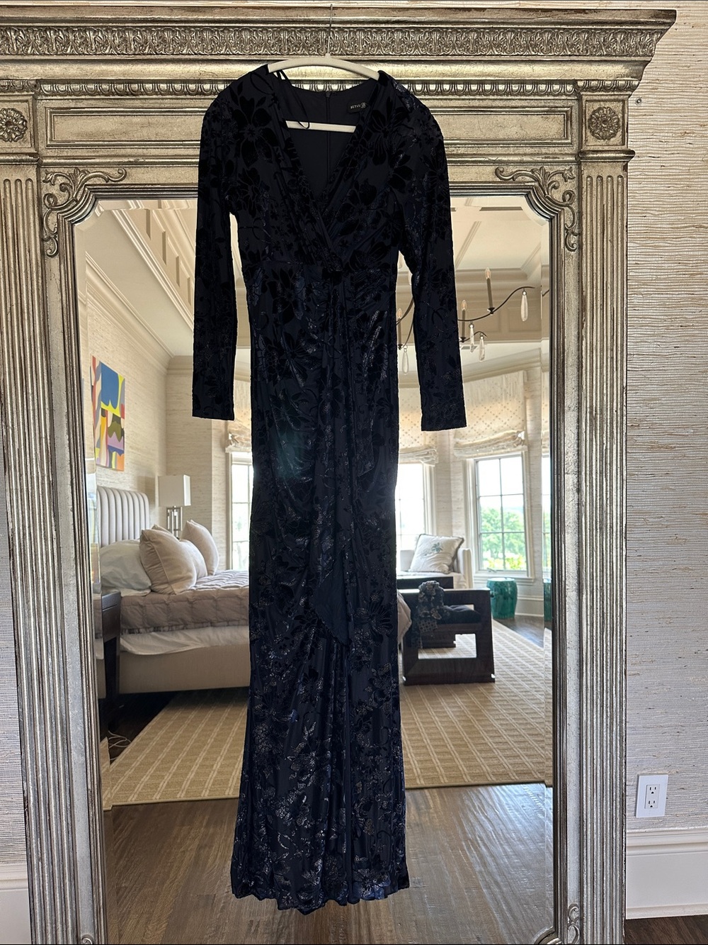 Navy Velvet Burnout Long Sleeve Maxi Dress